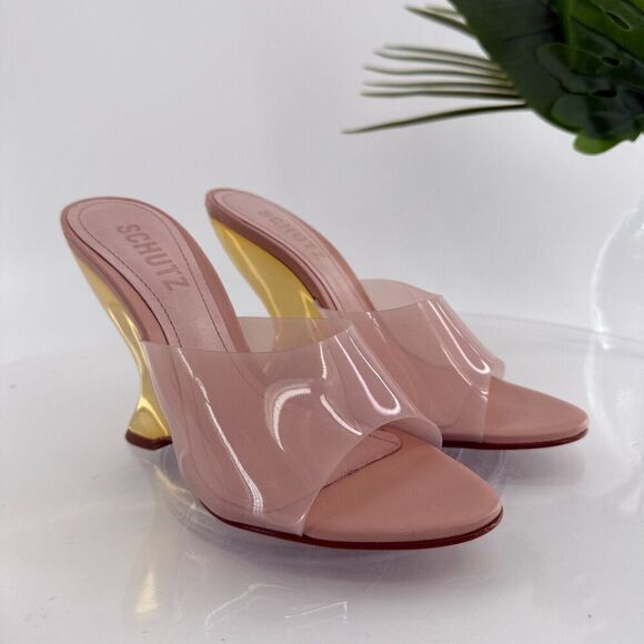 Schutz Womens Size 5.5 Aprill Vynil Slip On Open Toe Wedge Sandals Pink Gold - Picture 1 of 12